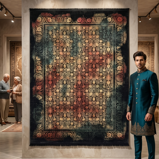 7 ft x 10 ft Black Persian 1200 Reed Acrylic Rug, Afshan Floral Carpet