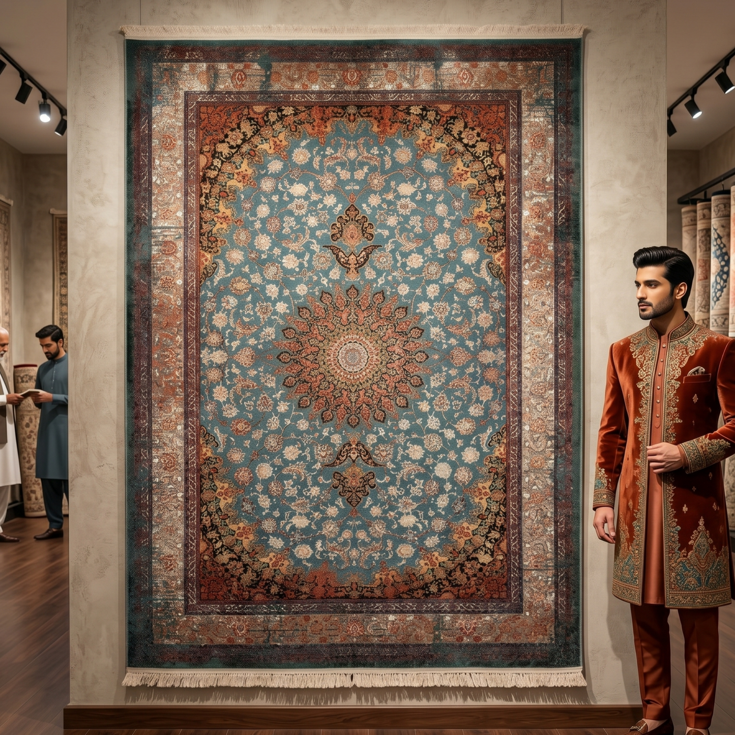 7 ft x 10 ft Blue Persian 1200 Reed Acrylic Rug, Isfahan Medallion Carpet