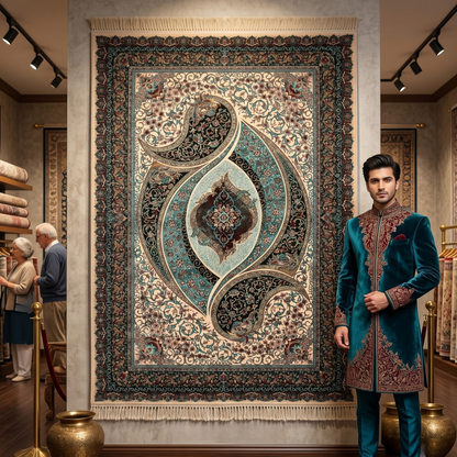 7 ft x 10 ft Teal Persian 1200 Reed Acrylic Rug, Boteh Paisley Carpet