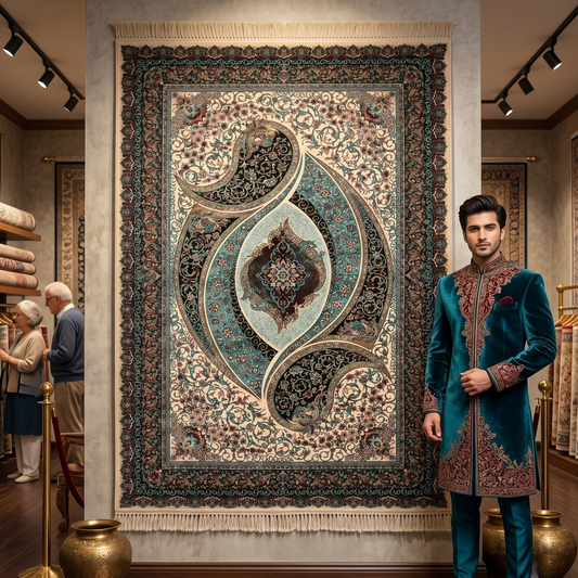 7 ft x 10 ft Teal Persian 1200 Reed Acrylic Rug, Boteh Paisley Carpet