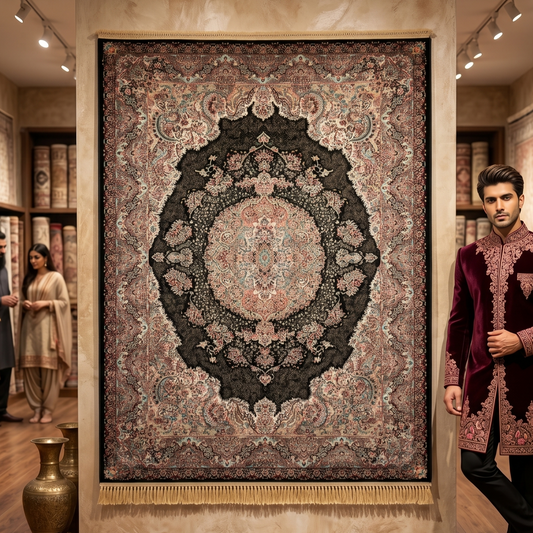 7 ft x 10 ft Black Persian 1200 Reed Acrylic Rug, Kashan Medallion Carpet