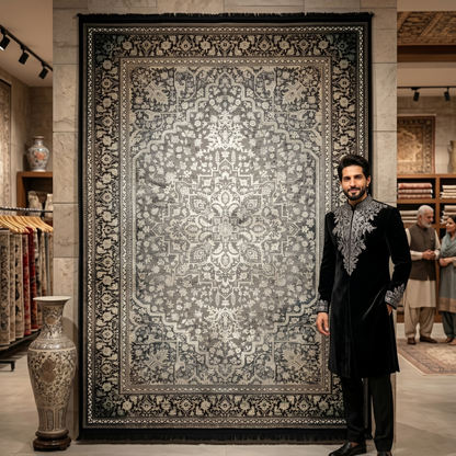 7 ft x 10 ft Grey Persian 1200 Reed Acrylic Rug, Heriz Medallion Carpet