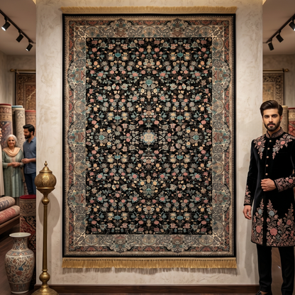 7 ft x 10 ft Black Persian 1200 Reed Acrylic Rug, Afshan Floral Carpet
