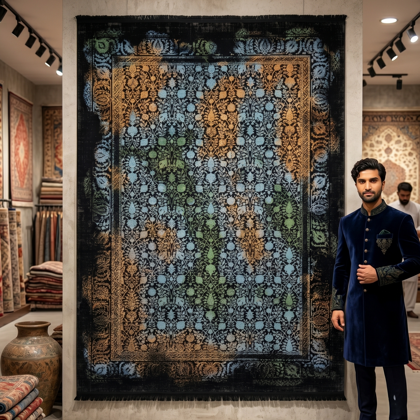 7 ft x 10 ft Black Persian 1200 Reed Acrylic Rug, Afshan Floral Carpet
