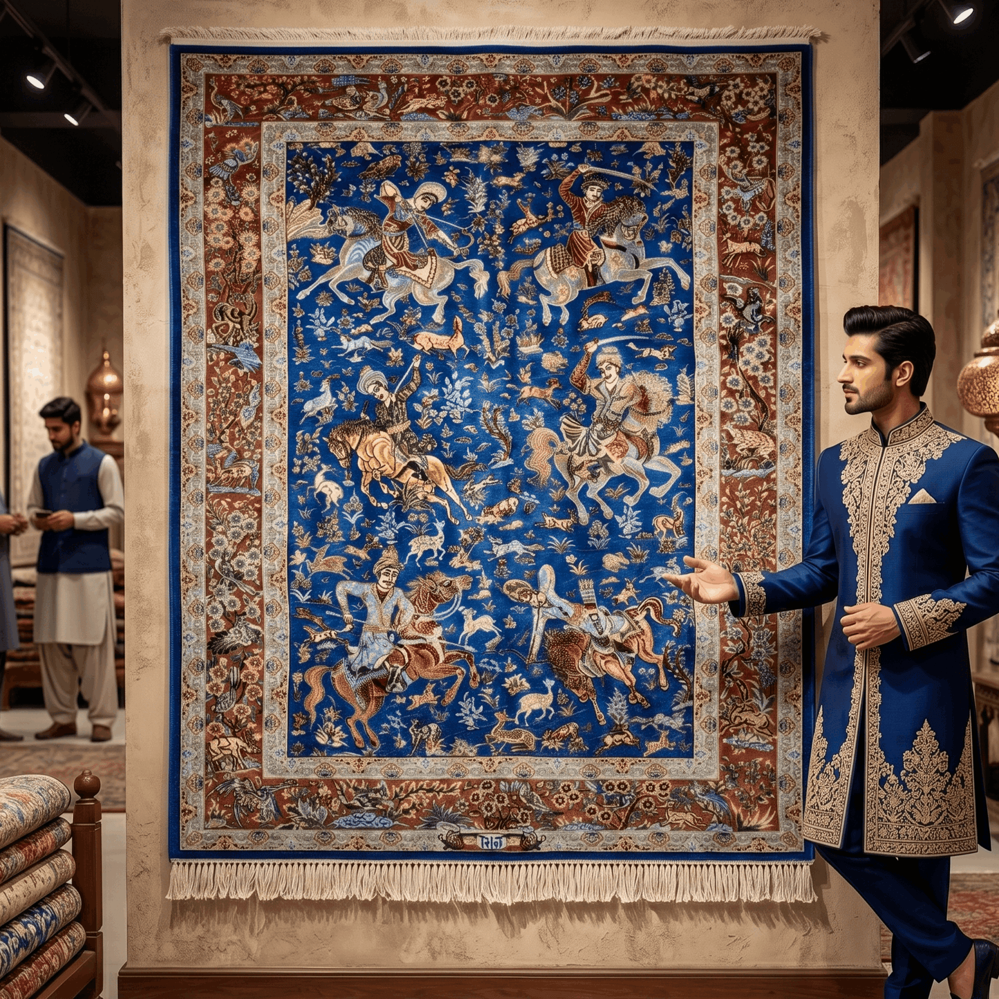 Persian Silk Hunt Scene Rug 2.5 ft x 4 ft | 1600 Reed Pure Silk Abresham