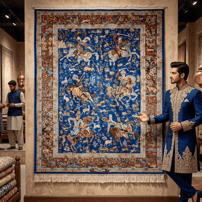 Persian Silk Hunt Scene Rug 2.5 ft x 4 ft | 1600 Reed Pure Silk Abresham