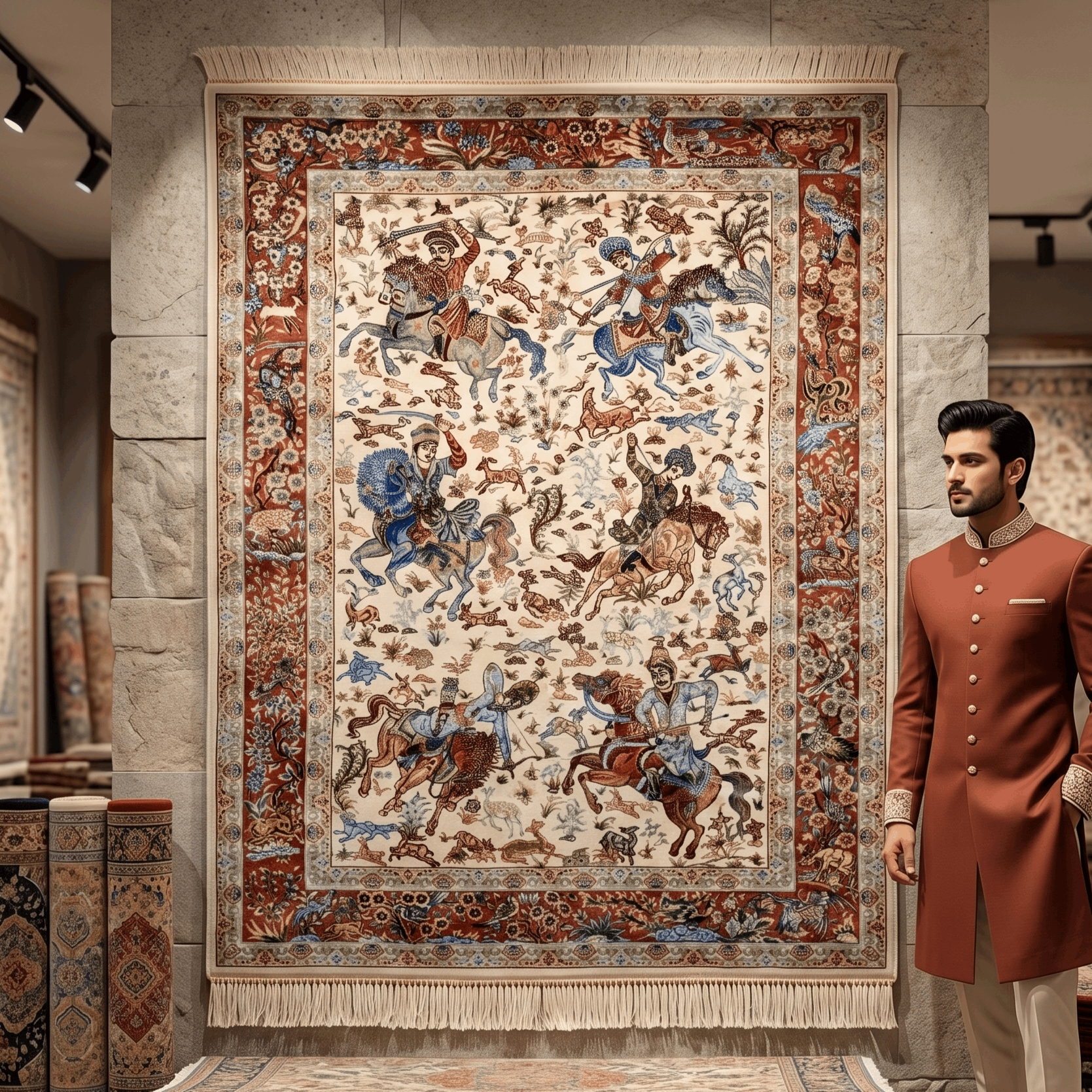 Persian Silk Hunting Scene Rug 2 ft x 3 ft | 1600 Reed Pure Silk Abresham