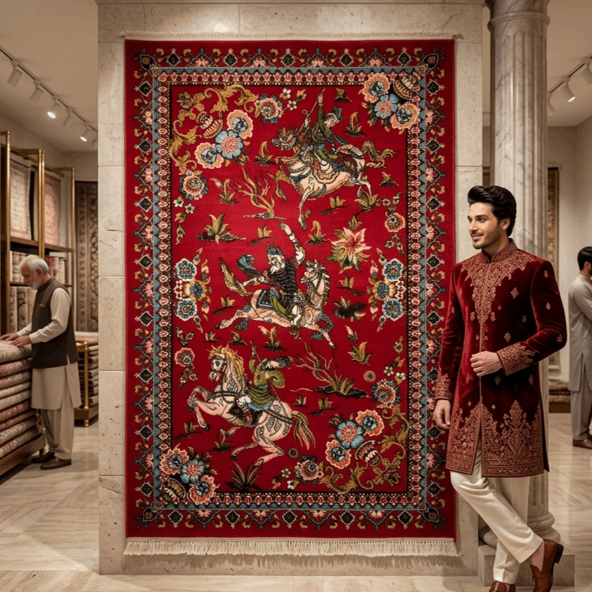 Persian Silk Hunting Scene Rug 2 ft x 3 ft | 1600 Reed Pure Silk Abresham