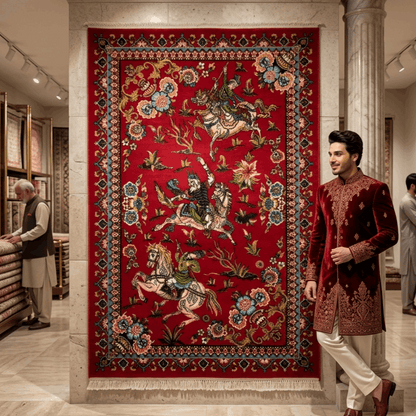 Persian Silk Hunting Scene Rug 2 ft x 3 ft | 1600 Reed Pure Silk Abresham
