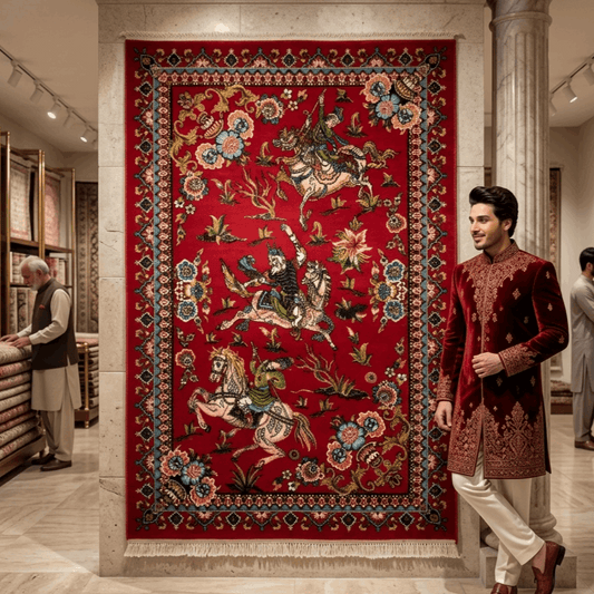 Persian Silk Hunting Scene Rug 2 ft x 3 ft | 1600 Reed Pure Silk Abresham