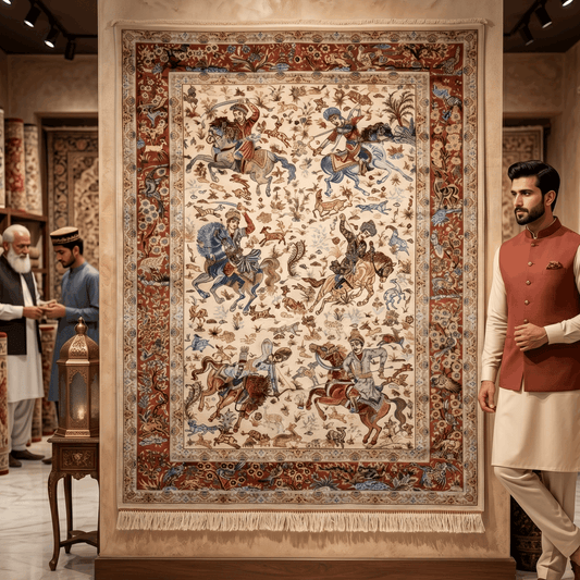 Persian Silk Hunting Scene Rug 2.5 ft x 4 ft | Pure Silk Abresham