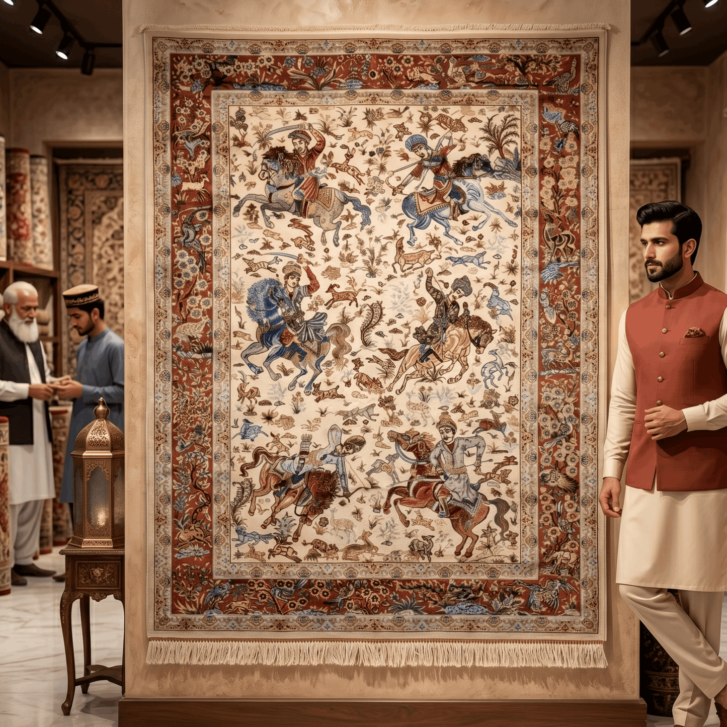 Persian Silk Hunting Scene Rug 2.5 ft x 4 ft | Pure Silk Abresham