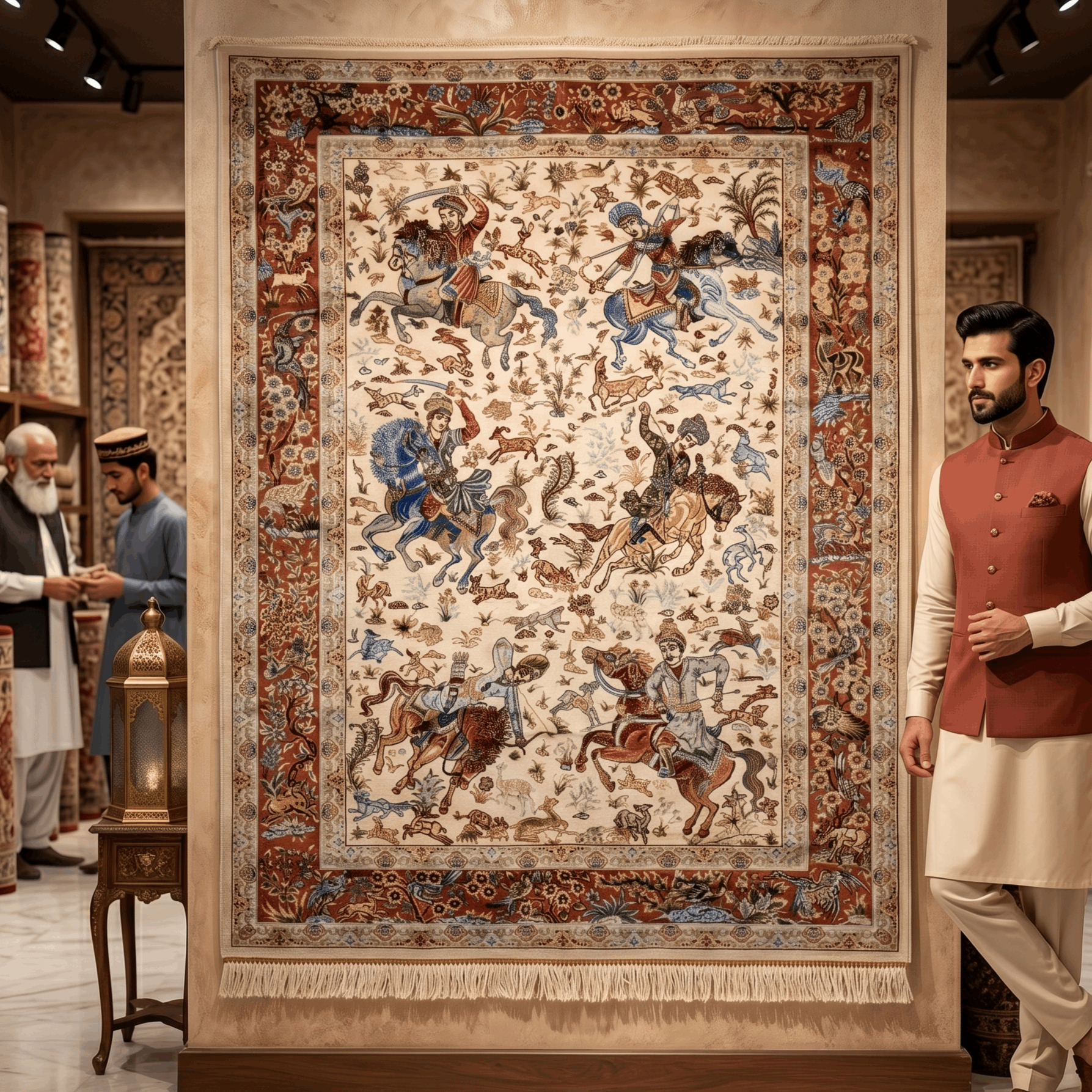 Persian Silk Hunting Scene Rug 2.5 ft x 4 ft | Pure Silk Abresham