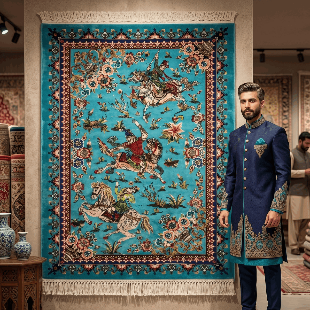 Persian Silk Hunting Scene Rug 2.5 ft x 4 ft | 1600 Reed Abresham