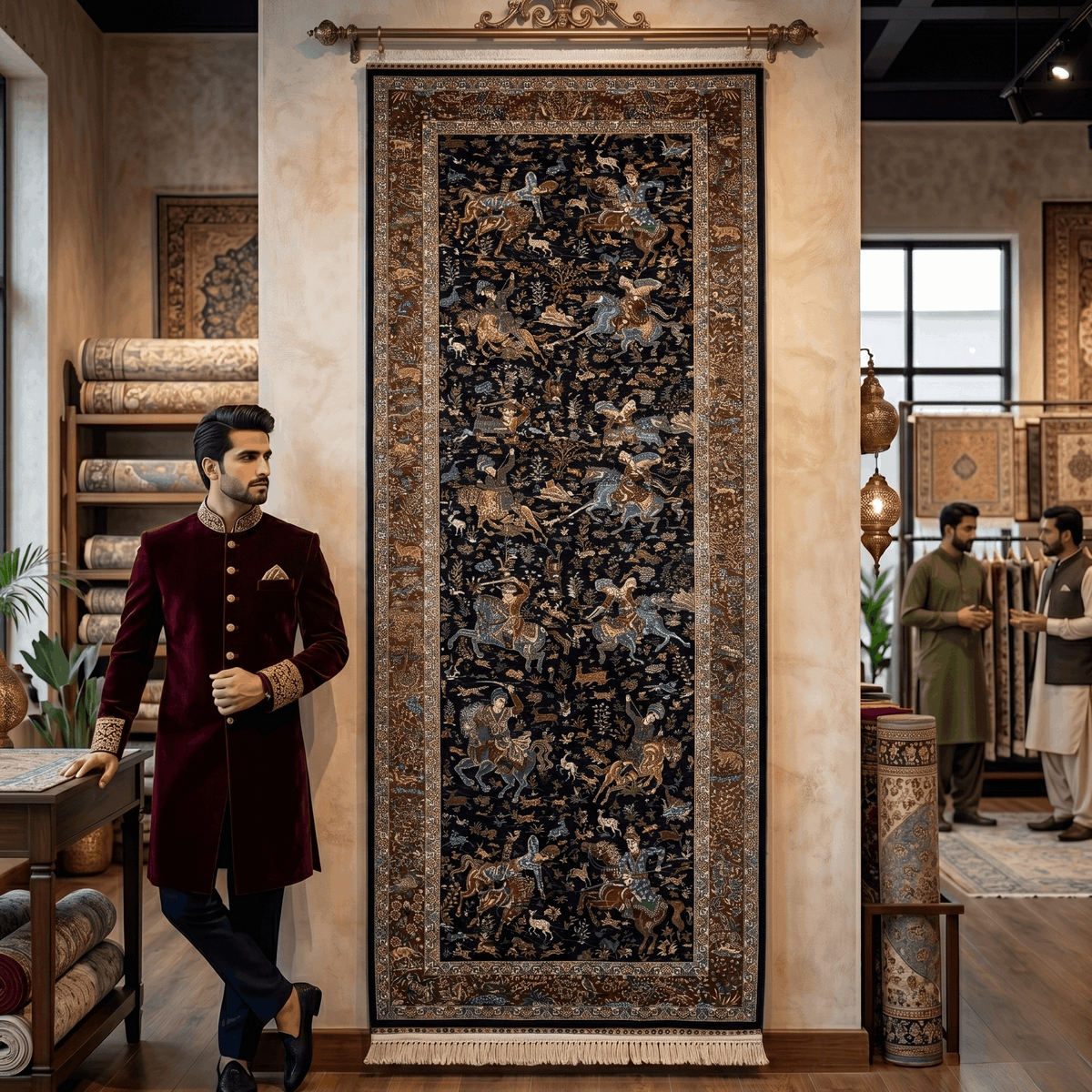 Persian Silk Abresham Runner Rug | Hunting Scene | 3 ft x 13 ft | 1600 Reed | Iran