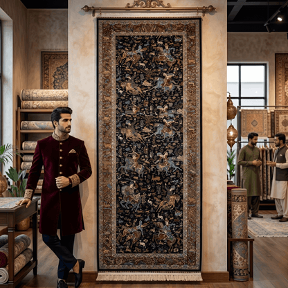 Persian Silk Abresham Runner Rug | Hunting Scene | 3 ft x 13 ft | 1600 Reed | Iran