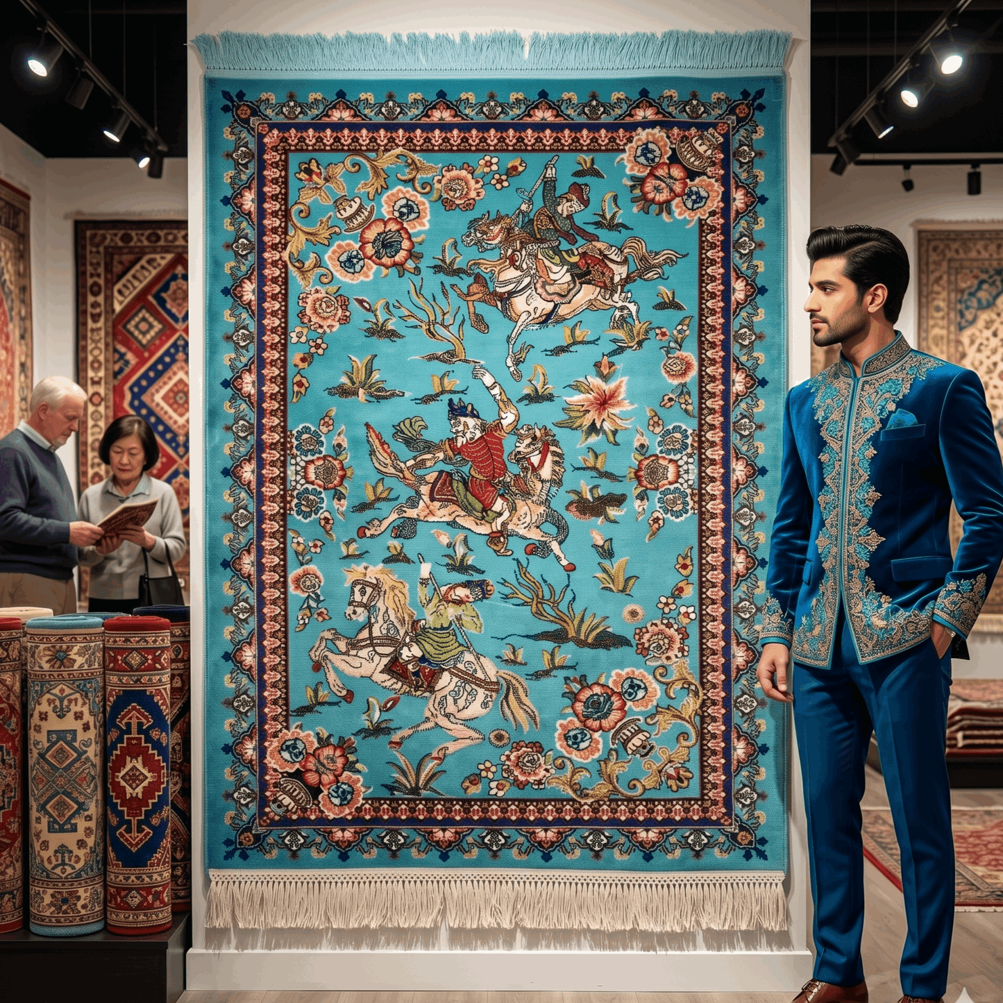 Persian Silk Hunting Scene Rug 2 ft x 3 ft | Teal Floral Equestrian