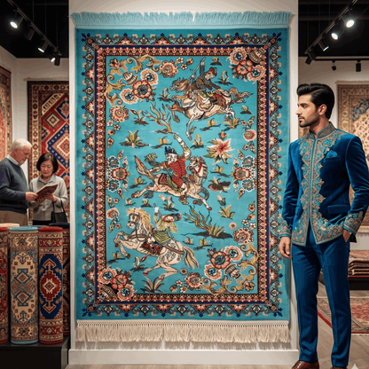 Persian Silk Hunting Scene Rug 2 ft x 3 ft | Teal Floral Equestrian