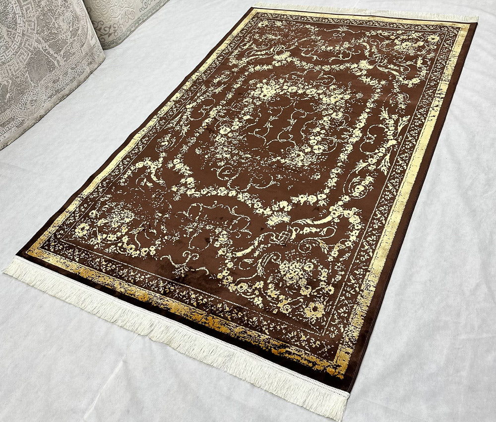 Luxurious Dark Brown and Orange Silky Area Rug - 5 ft x 8 ft - Persian Taymaz Collection