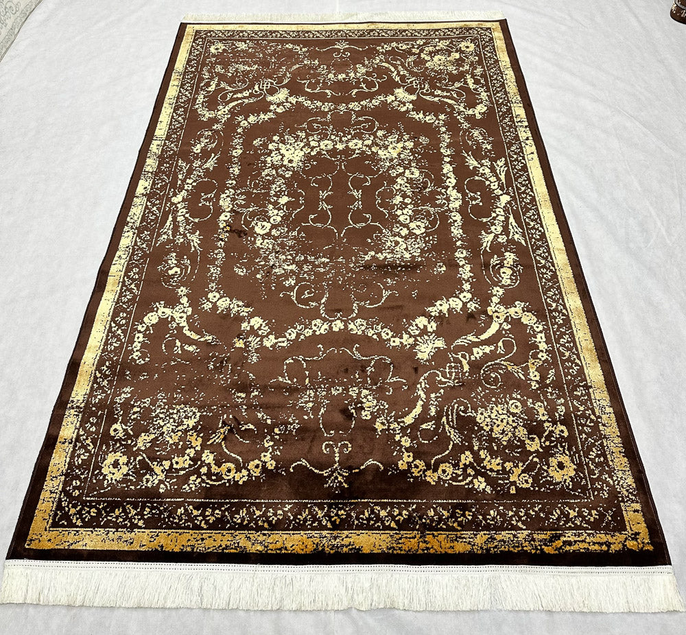 Luxurious Dark Brown and Orange Silky Area Rug - 5 ft x 8 ft - Persian Taymaz Collection