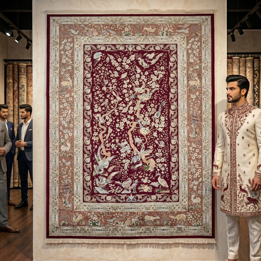 Persian Qom Bird of Paradise Pure Silk Abresham Rug 7 ft x 10 ft | 1600