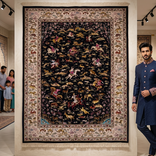 Persian Shekargh Hunting Pure Silk Abresham Rug 7 ft x 10 ft | 1600 Reed