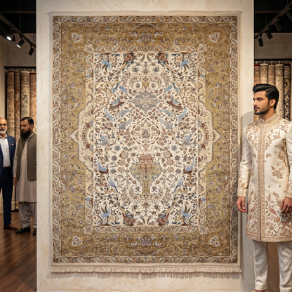 Persian Isfahan Bird Floral Pure Silk Abresham Rug 7 ft x 10 ft | 1600 Reed