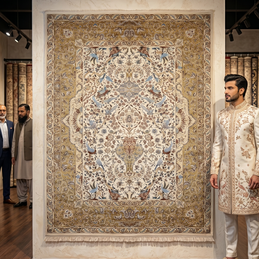 Persian Isfahan Bird Floral Pure Silk Abresham Rug 7 ft x 10 ft | 1600 Reed