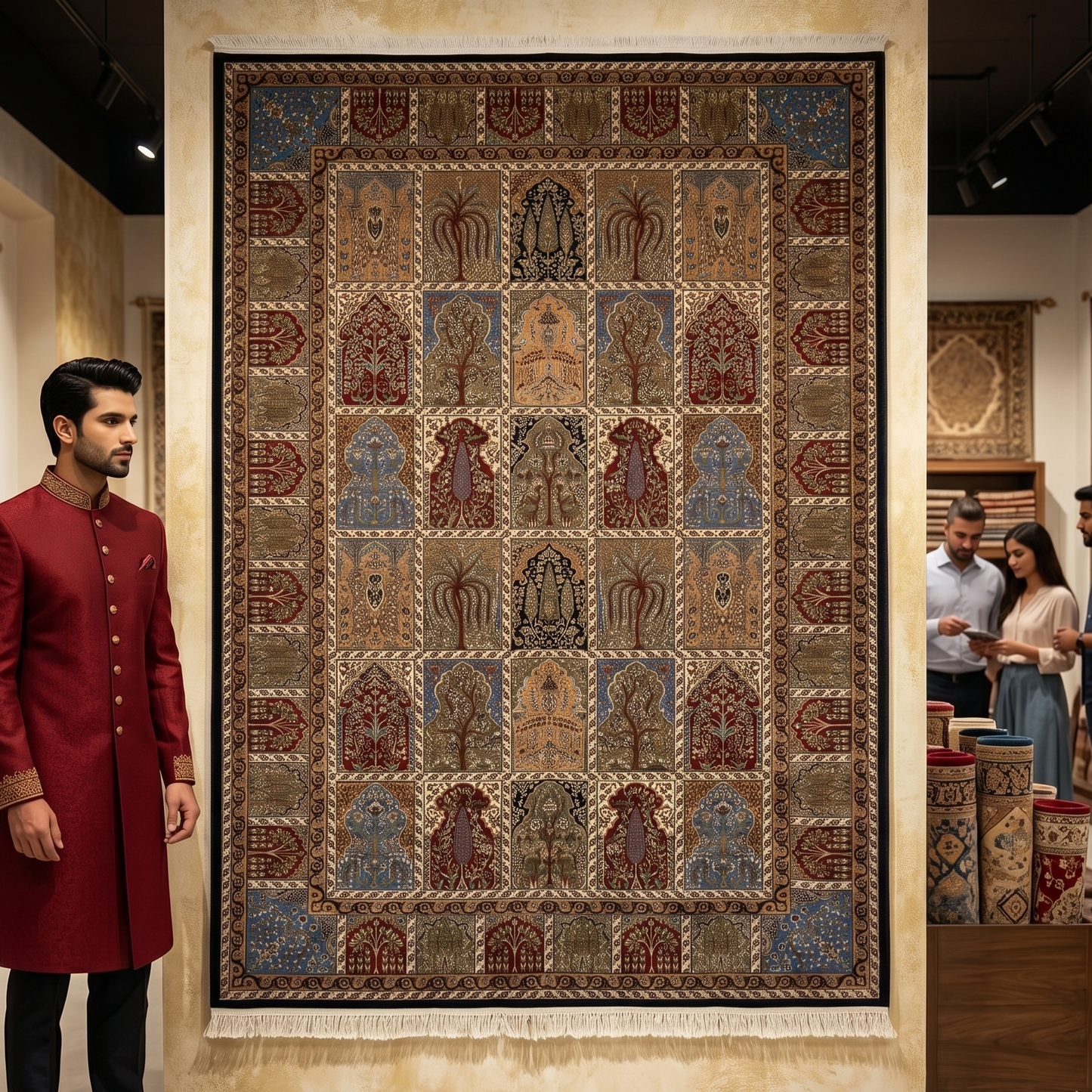 Persian Khamseh Garden Panel Pure Silk Abresham Rug 7 ft x 10 ft | 1600
