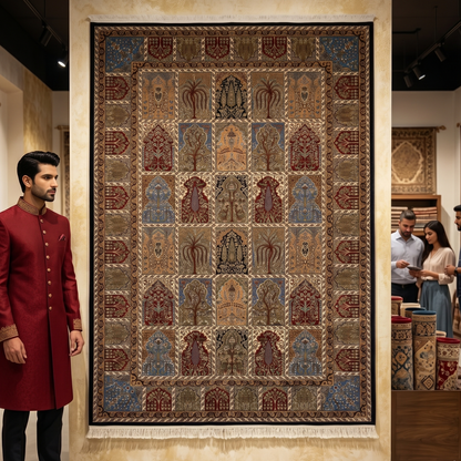 Persian Khamseh Garden Panel Pure Silk Abresham Rug 7 ft x 10 ft | 1600