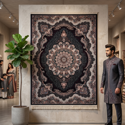 5 ft x 8 ft Black Persian 700 Reed Acrylic Rug, Shah Abbasi Medallion Carpet