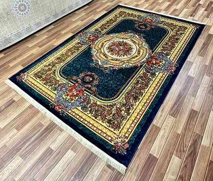 Luxurious 7 ft x 10 ft Persian Silky Ronika Area Rug - Dark Blue with Multi-Color Accents