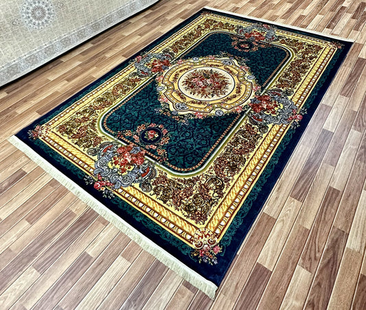 Luxurious 7 ft x 10 ft Persian Silky Ronika Area Rug - Dark Blue with Multi-Color Accents