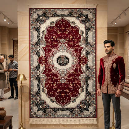 3 ft x 6 ft Burgundy Persian 1200 Reed Acrylic Prayer Rug, Iranian Medallion Carpet