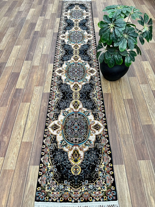 1.5 ft x 10 ft - Runner - Persian 1000 Reeds - Pars Negin Shahkar 1 - Black and Multi Colors