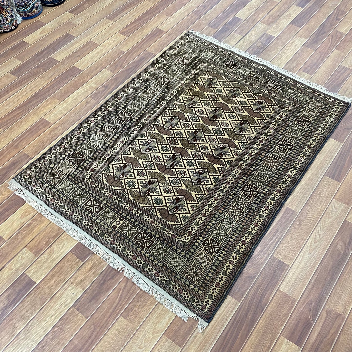 Antique Mazar Sharif 1 - 4 ft x 5 ft Handmade Wool Carpet - Brown and Beige - Immerse Your Space in Luxury