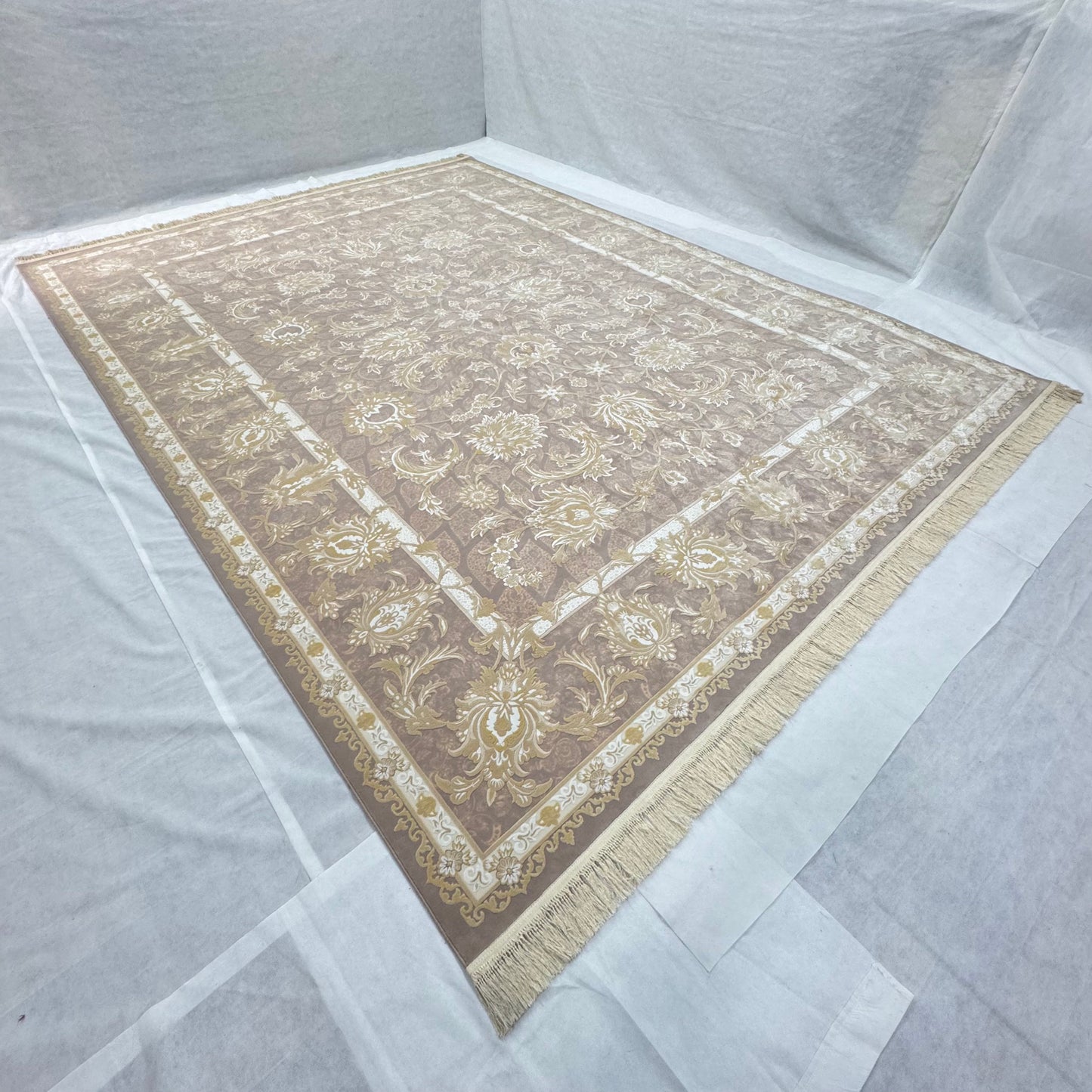 Persian Silk Rug 10 ft x 13 ft | Beheshti Tabriz 1200 Reeds | Rose Gold Luxury Floral Design