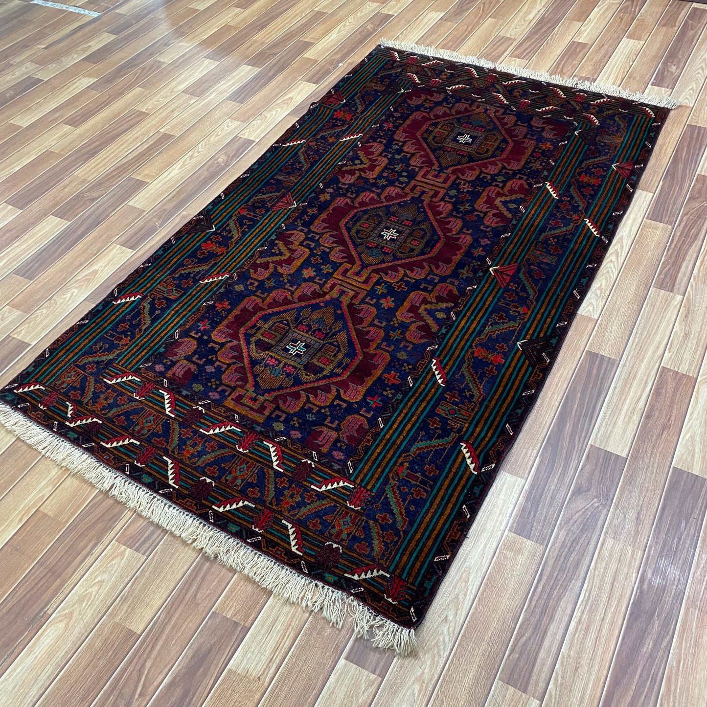 Authentic Baluchi 1 - 4 ft x 6 ft Handmade Wool Carpet - Deep Blue and Red Wine - Timeless Beauty for Your Home