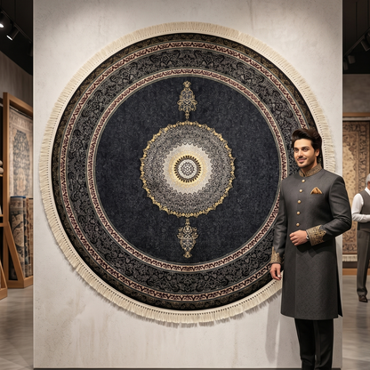 7 ft x 7 ft Round Persian Acrylic Rug, 1000 Reed Dark Medallion Carpet, Machine-Made Iran