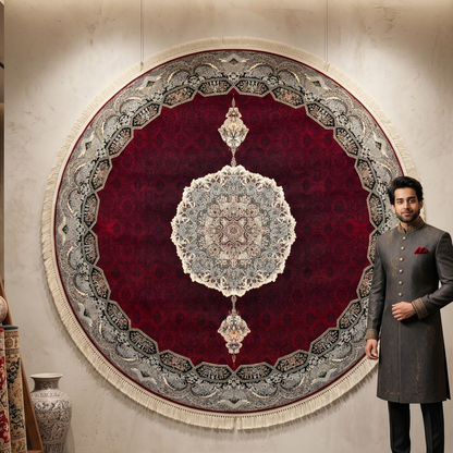 8.25 ft x 8.25 ft Round Persian Crimson Acrylic Rug | 1000 Reed Medallion Carpet Iran