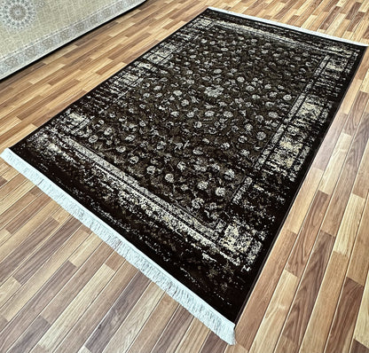 Elegant 7 ft x 10 ft Persian Silky Taymaz Area Rug - Dark Brown and White Luxury