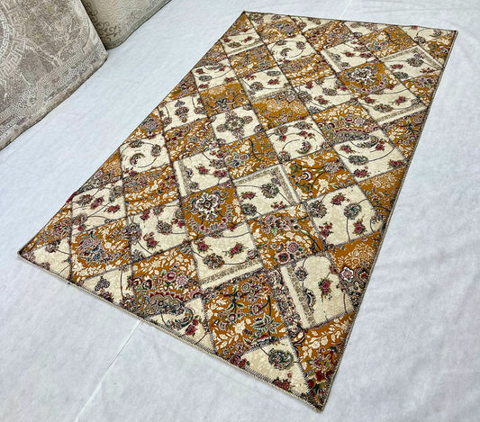 5 ft x 8 ft - Area Rug - Persian 1200 Reeds - Patchwork 1 - Beige and D. Orange with Multi Colors