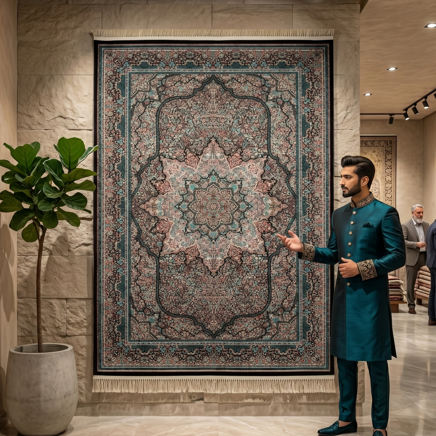 5 ft x 8 ft Teal Persian 1200 Reed Acrylic Rug, Herati Medallion Carpet