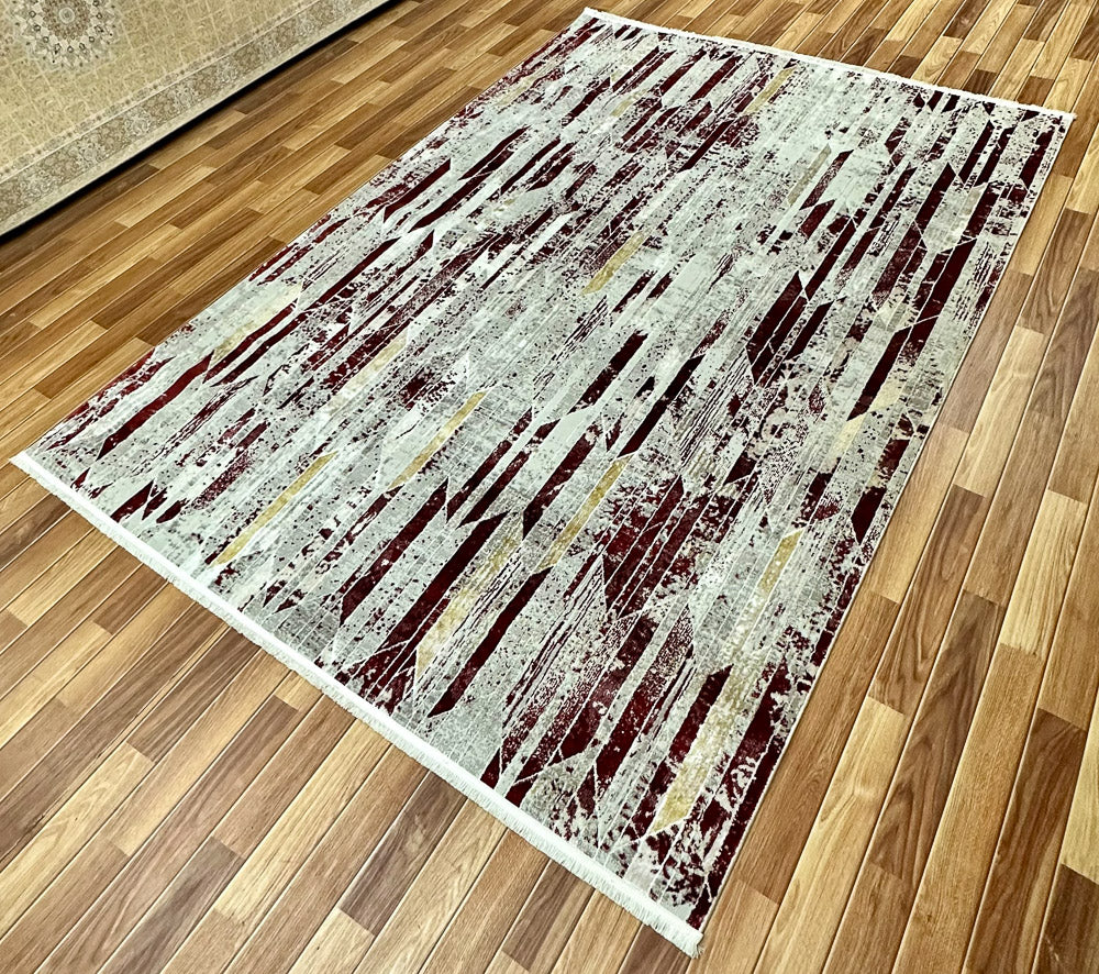 Luxurious 7 ft x 10 ft JD Turkish Silky Area Rug - Contemporary Grey and Red Wine Design