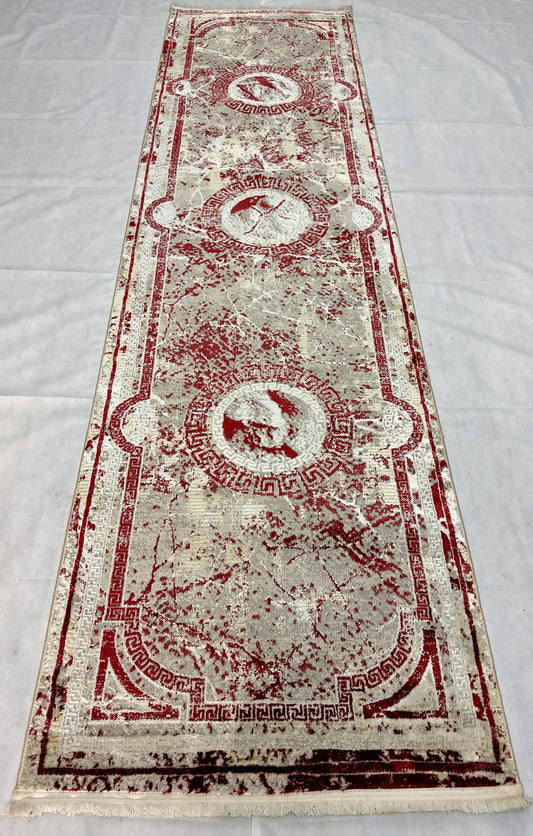 2.5 ft x 10 ft - Runner - Persian - Silky III 1 - Grey and Red Wine