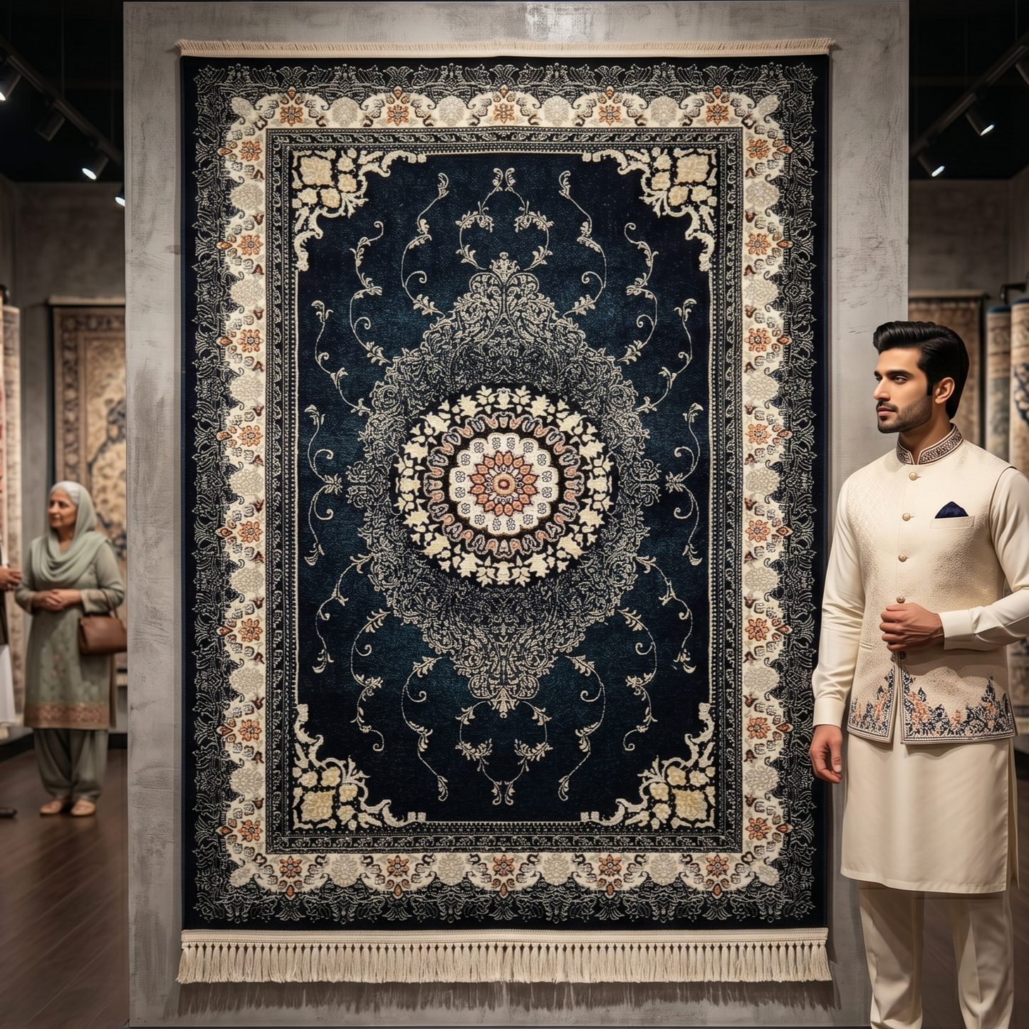 3 ft x 5 ft Dark Navy Persian 1200 Reed Acrylic Rug – Iranian Medallion Carpet