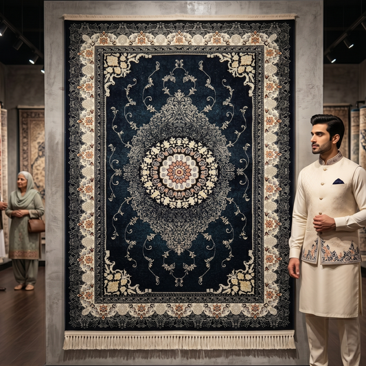 3 ft x 5 ft Dark Navy Persian 1200 Reed Acrylic Rug – Iranian Medallion Carpet