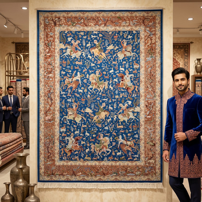 Persian Silk Hunting Scene Rug 7 ft x 10 ft | 1600 Reeds