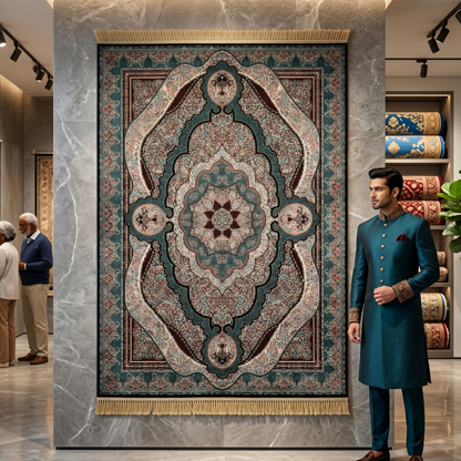 5 ft x 8 ft Teal Persian 1200 Reed Acrylic Rug, Qum Medallion Carpet