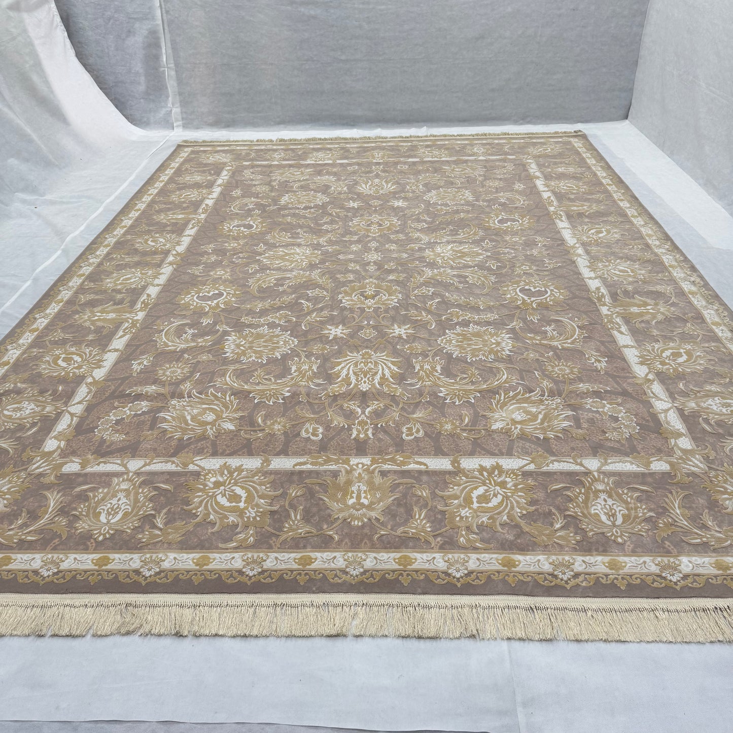 Persian Silk Rug 10 ft x 13 ft | Beheshti Tabriz 1200 Reeds | Rose Gold Luxury Floral Design